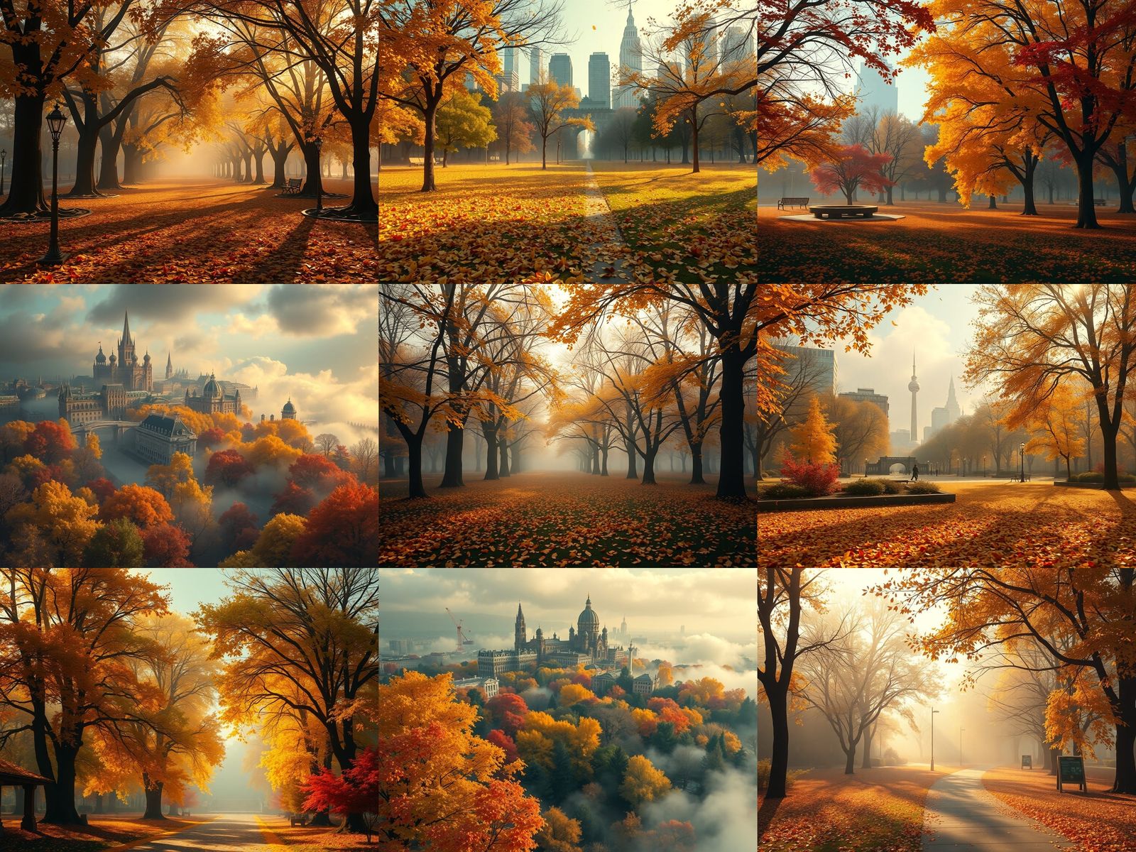 Autumn City Park with Ethereal Mist