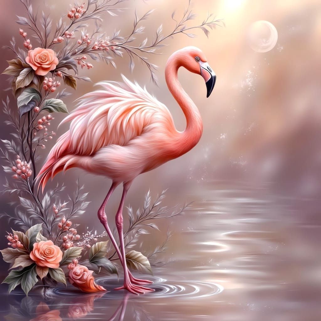 Flamingo in Art Deco Oil Painting Style