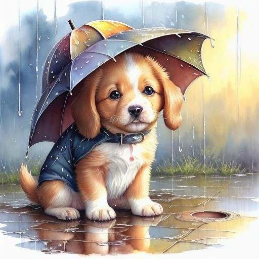 Sad Puppy in Rain: Photorealistic Watercolor Painting