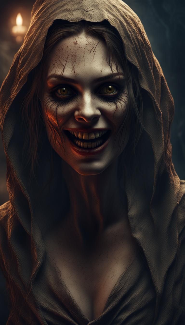 Scary Woman with Smile in the Dark