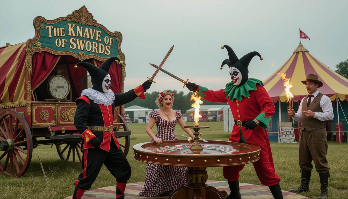 Creepy Clown Circus Wagon Hologram with Knave of Swords