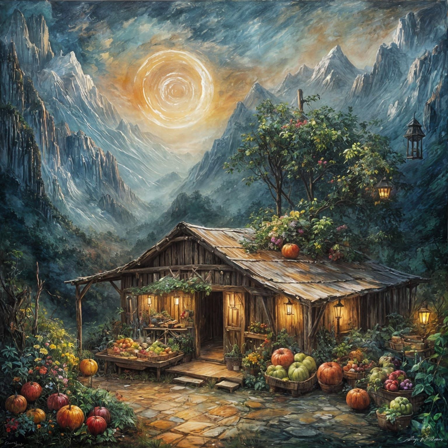 Mountain Farmstand in Encaustic Impasto Style