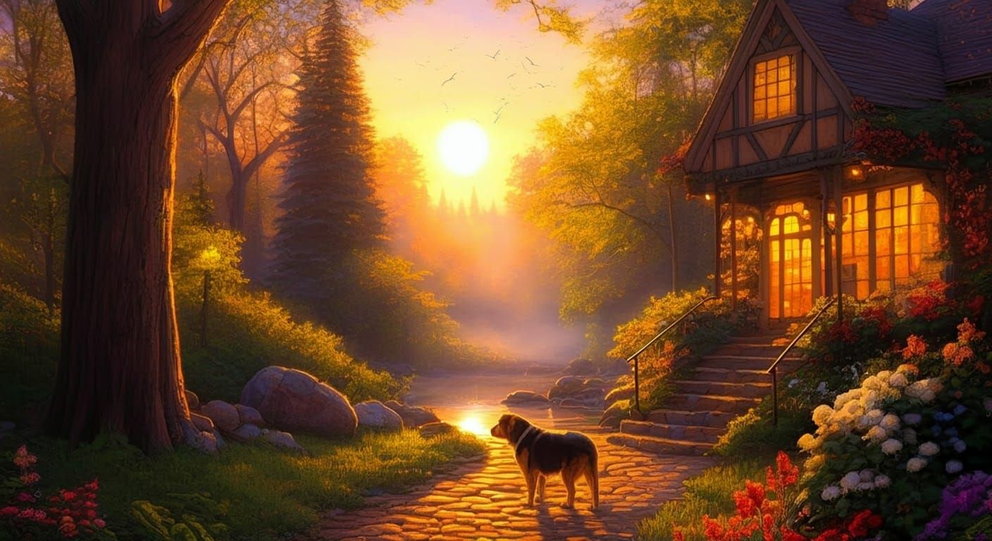 Ethereal Golden Hour Scene in Thomas Kinkade Style