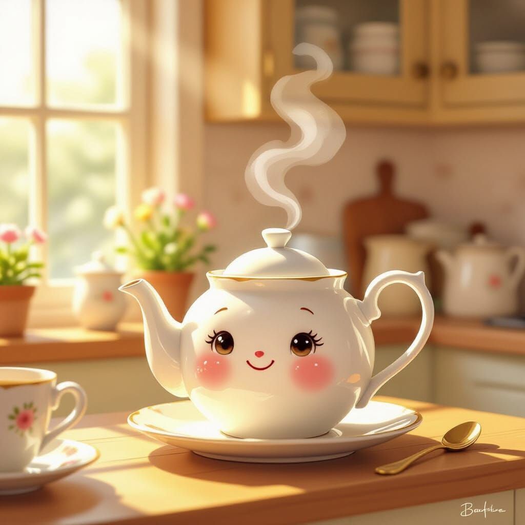 Anthropomorphic Teapot Serving Tea in Cozy Kitchen