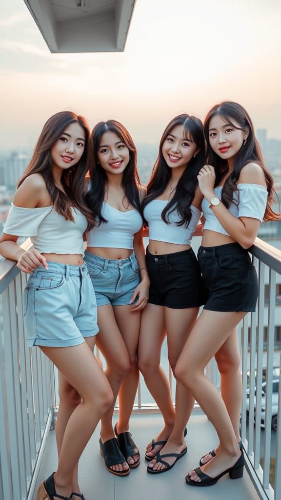 Korean Women on Balcony in Crop Tops and Shorts