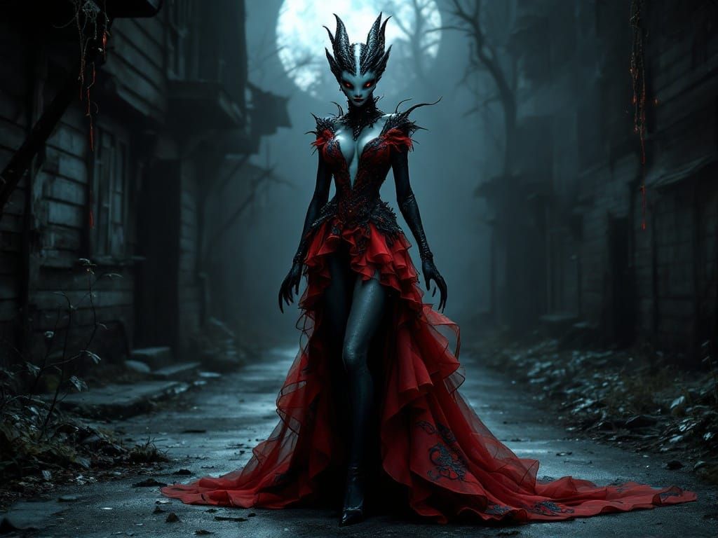 Furry Alien in Haute Couture Gown as Engraving