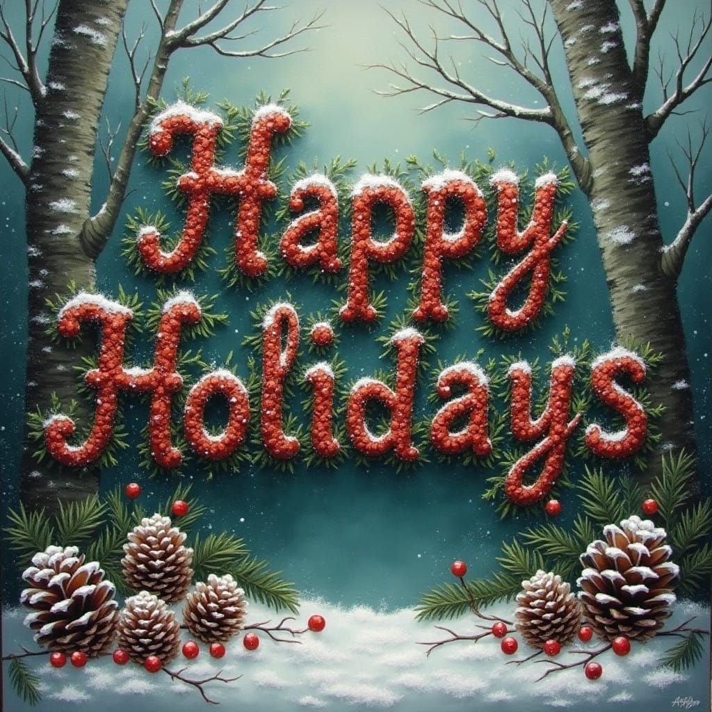 Happy Holidays Oil Painting in Tim Burton Style with Pine Co...