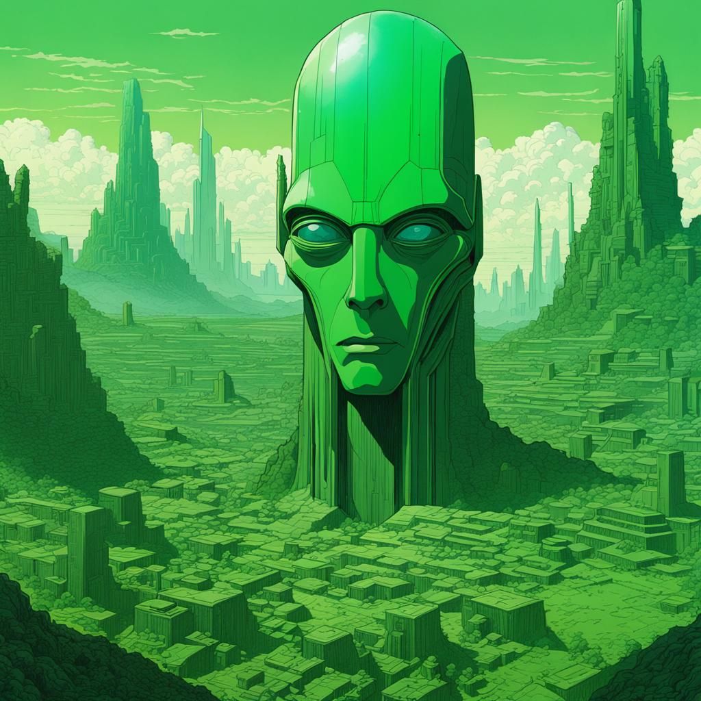 Mystical Monoliths in Emerald City: Ligne Claire Art