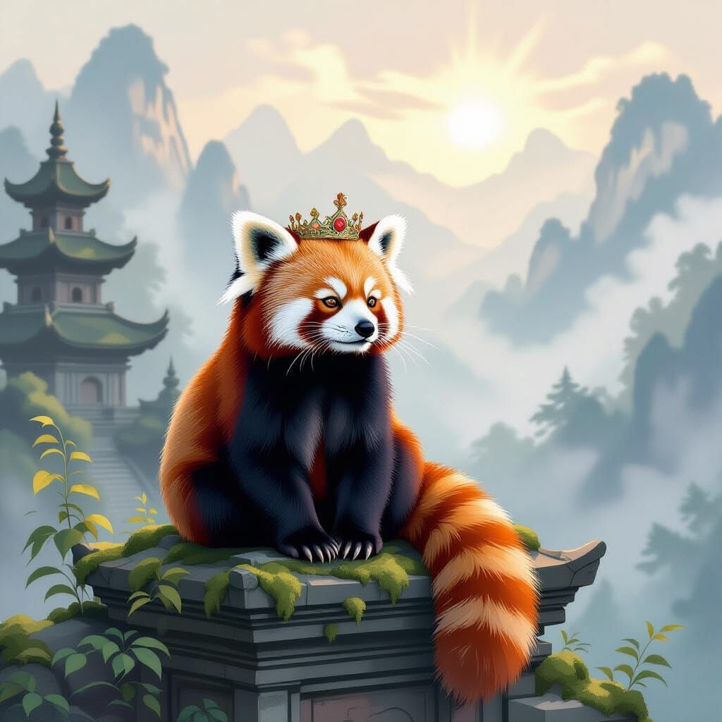 Majestic Red Panda Crowned in Floral Temple Ruins