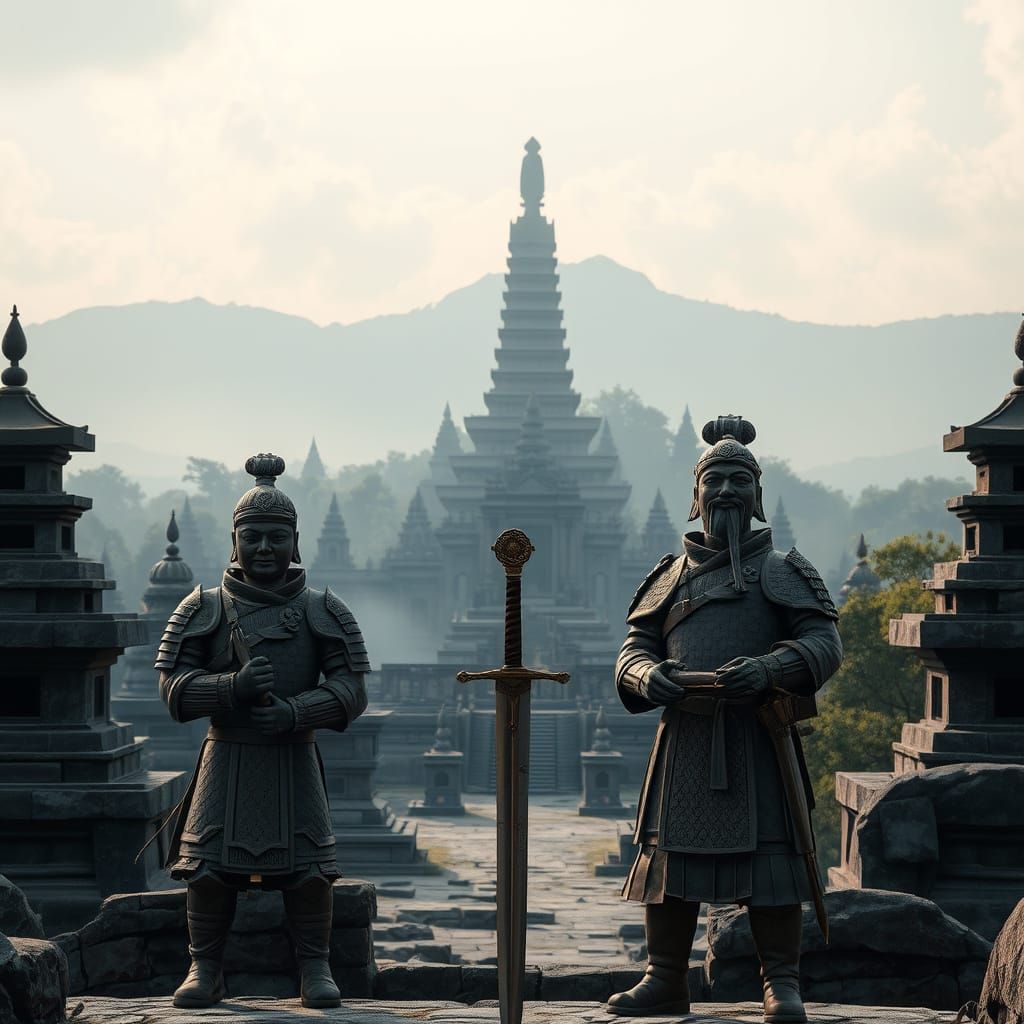 Mystical Temple Landscape with Terracotta Guardians