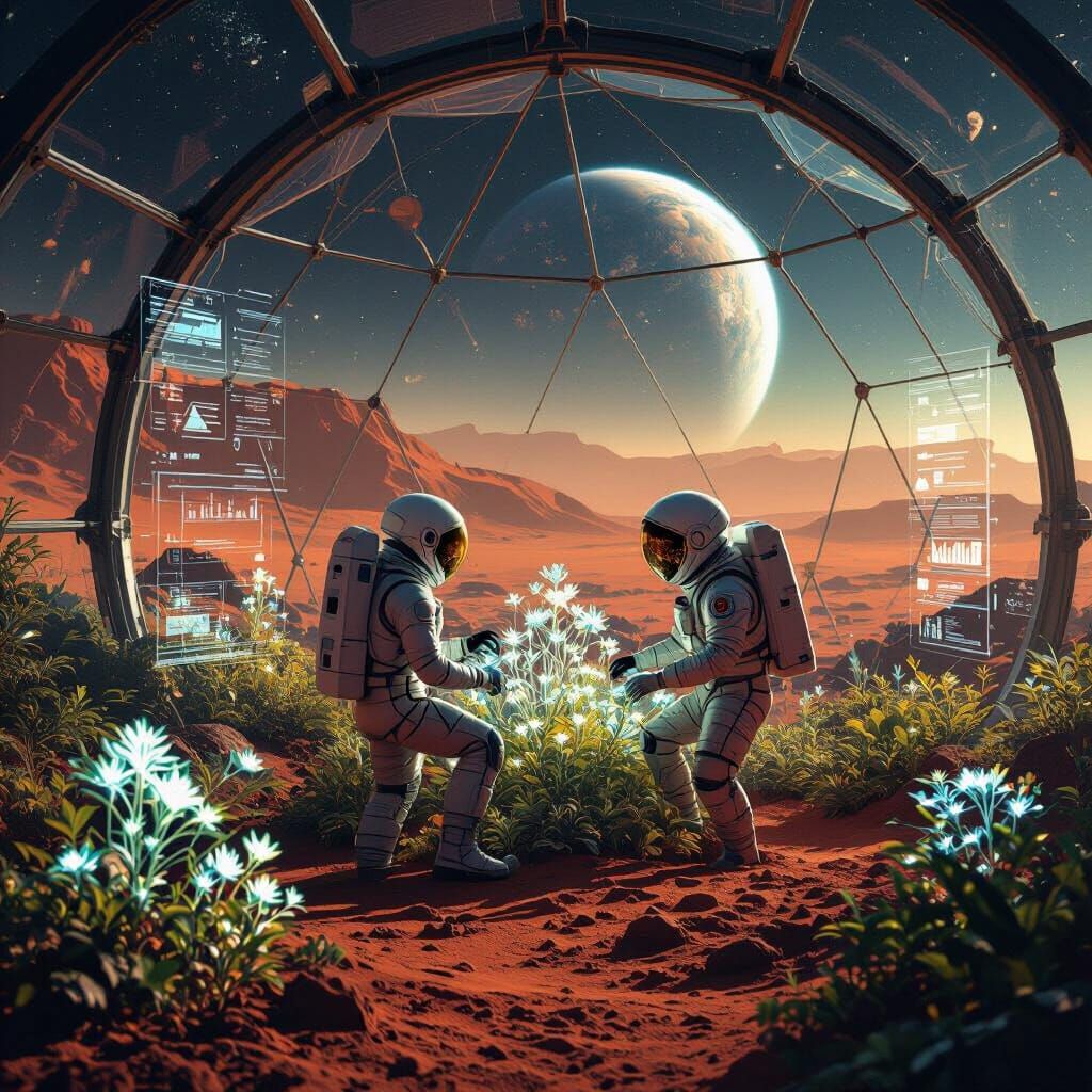 Astronaut Tends Alien Flora in Martian Biodome