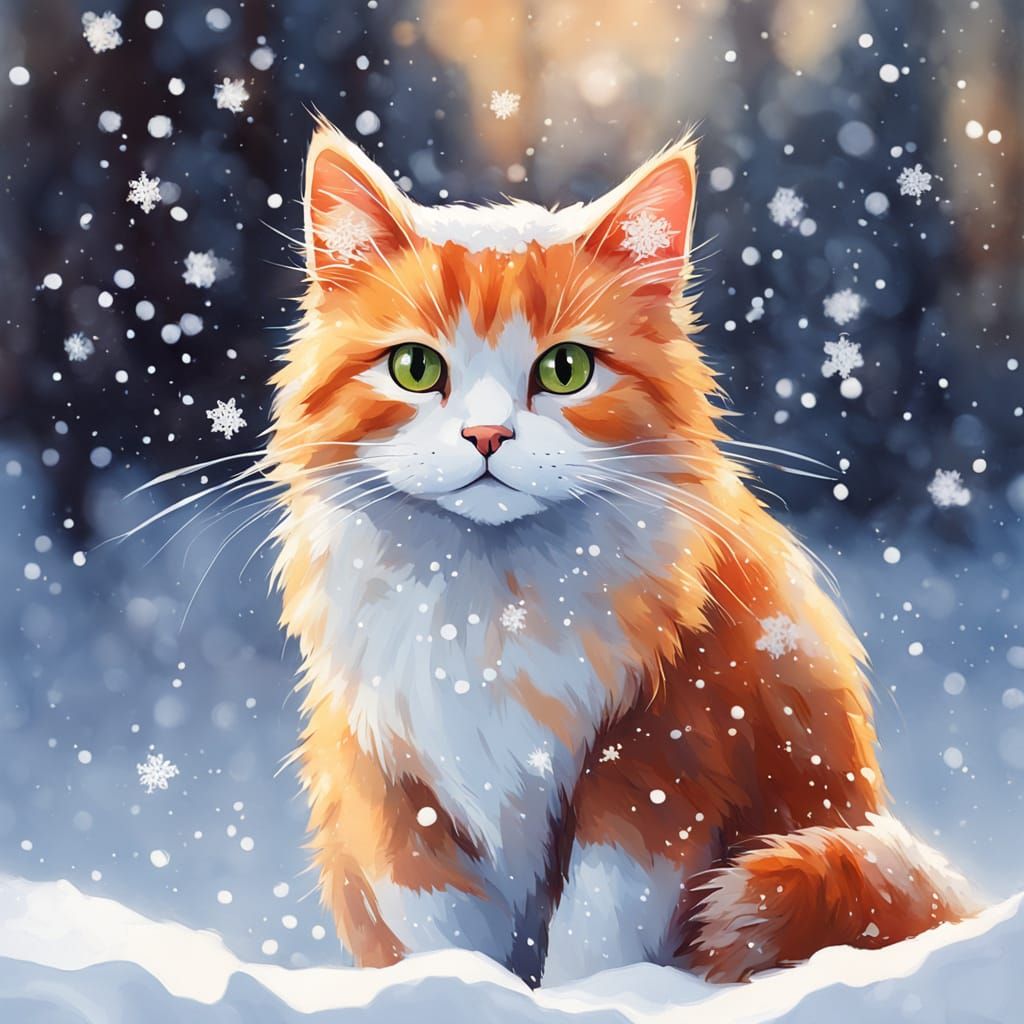 Chibi Red Cat in Snowy Winter Wonderland