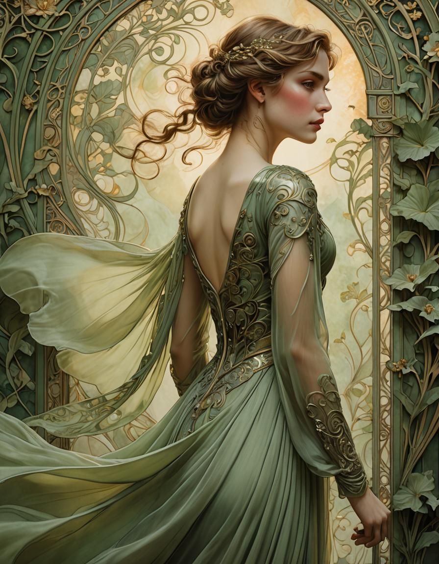 Art Nouveau Woman in Green Chiffon Gown