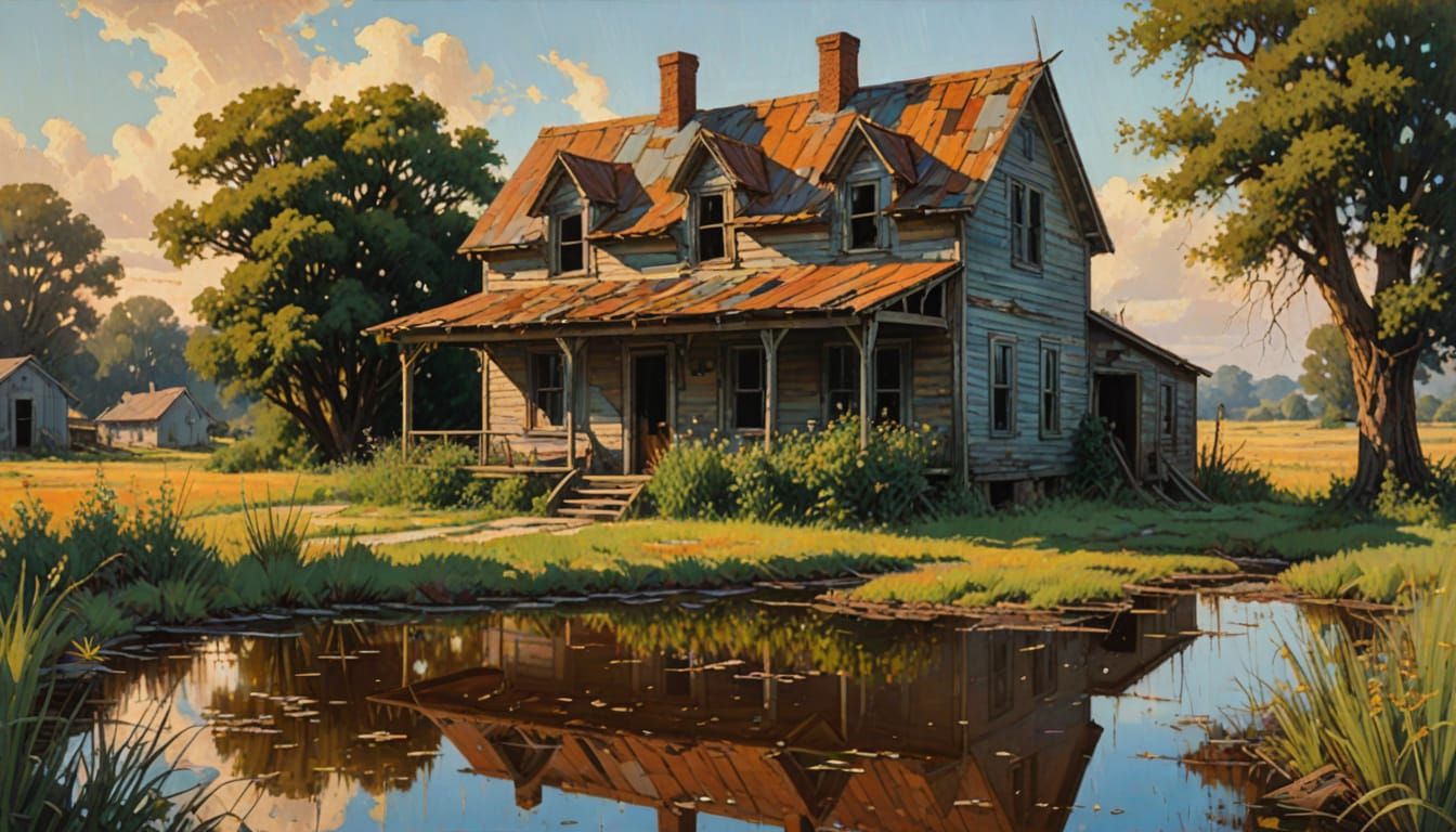 Nostalgic Impressionist Painting of Abandoned House in Golde...