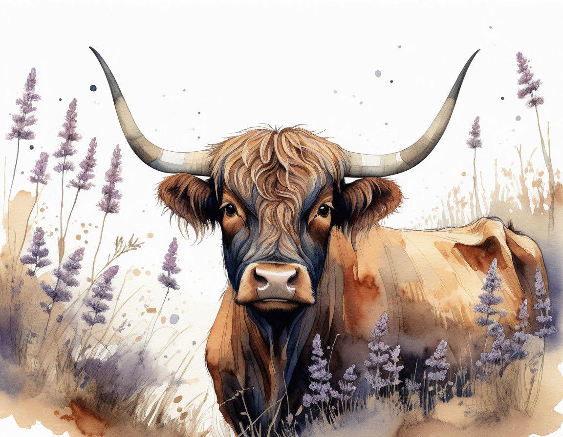 Watercolour Highland Calf in Whimsical Heather Landscape