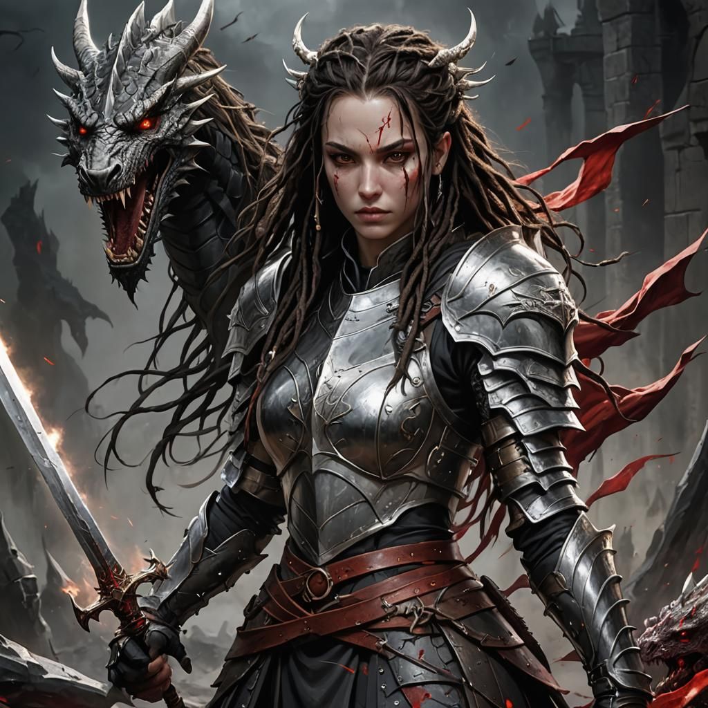 Fierce Dragon Knight Woman with Spear and Dreadlocks