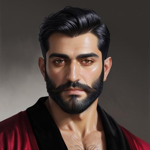 Handsome Arab Man in Red Velvet Robe: Expressionist Oil Pain...