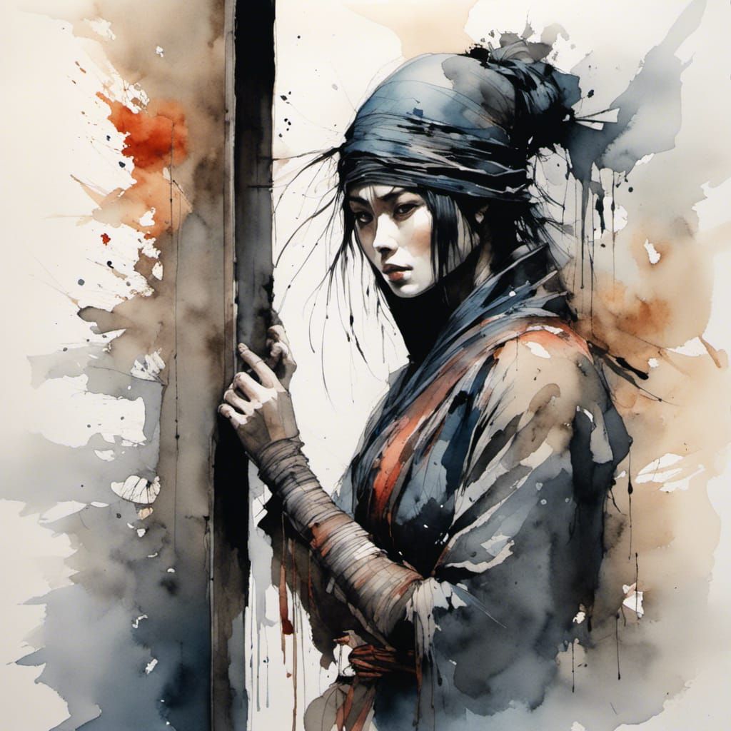 Female Ninja Watercolor Peering Through Door