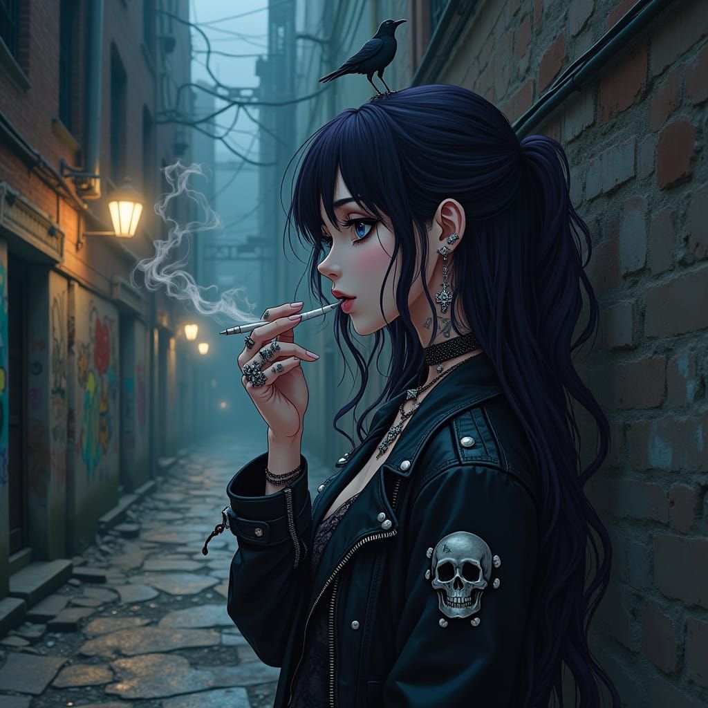 Gothic Anime Girl Silhouetted in Crumbling Metropolis at Dus...