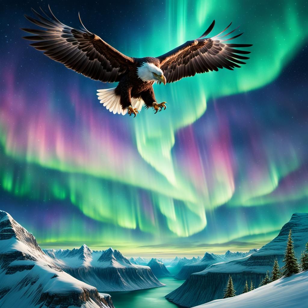 Eagle Flying Through Northern Lights: Digital Matte Painting