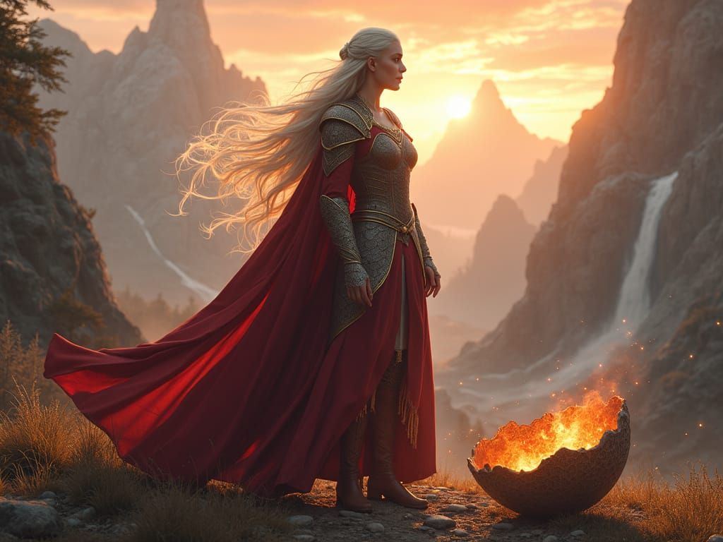 Regal Fantasy Queen Stands Amidst Majestic Landscape with Dr...