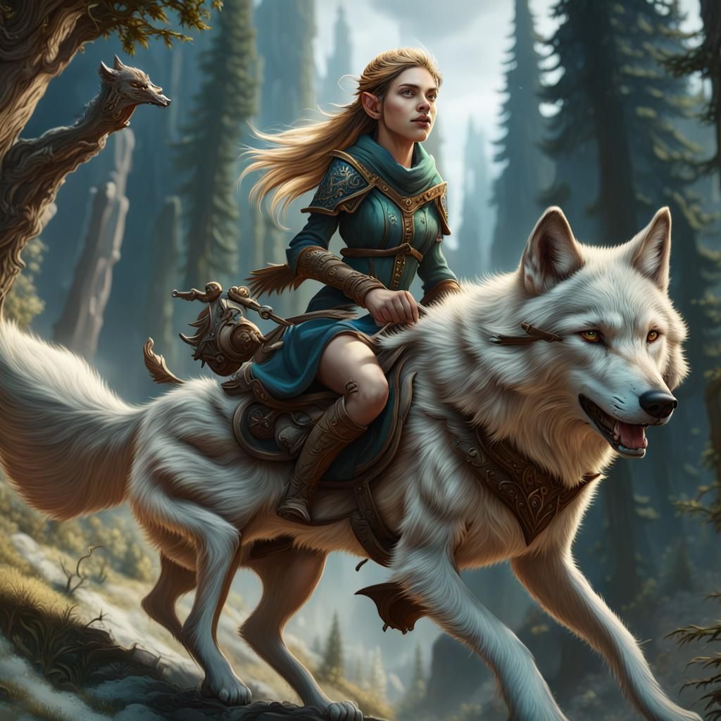 Elf Riding a Wolf in Detailed Matte Painting