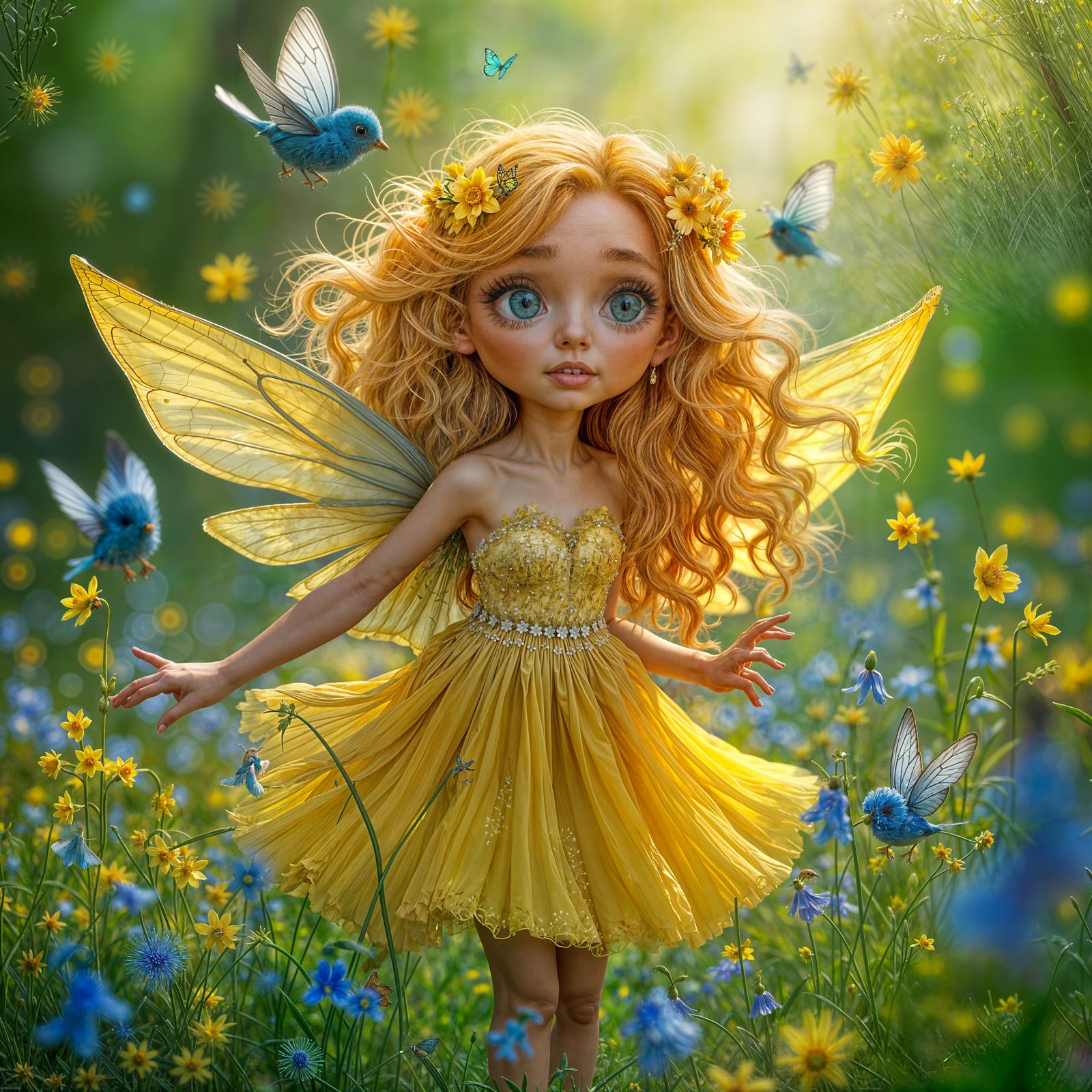 Golden Haired Fairy in Daffodil Meadow at Sunrise