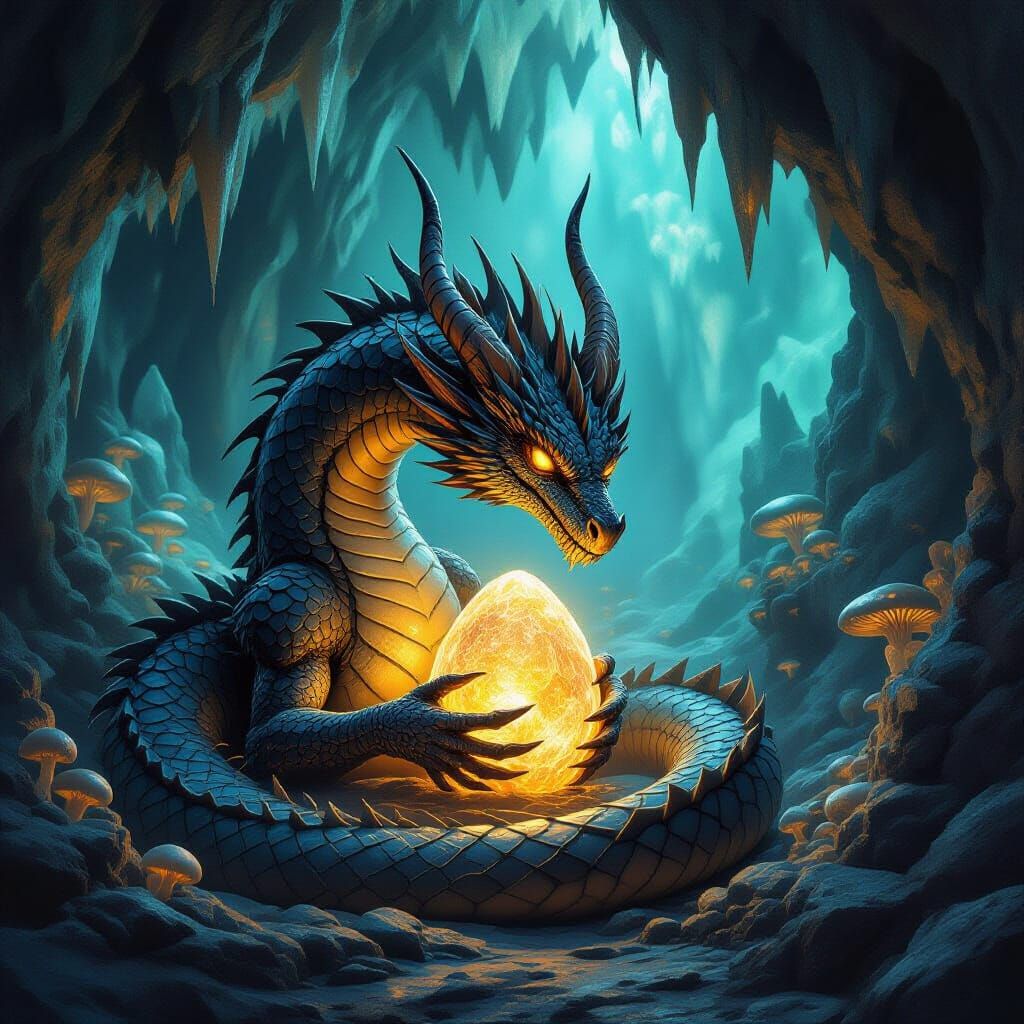 Ancient Dragon Guards Crystalline Egg in Cavern