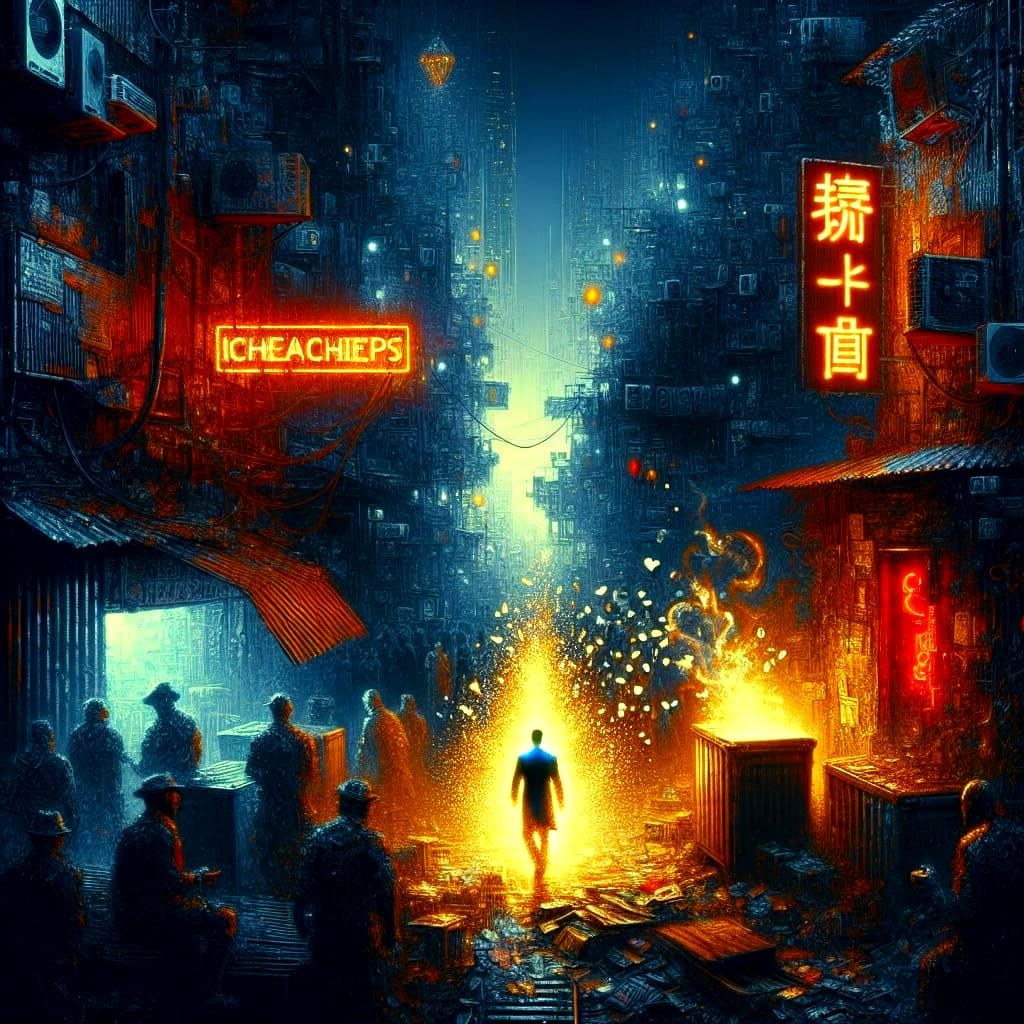 Cyberpunk City: Man of Light in Grimy Urban Scene