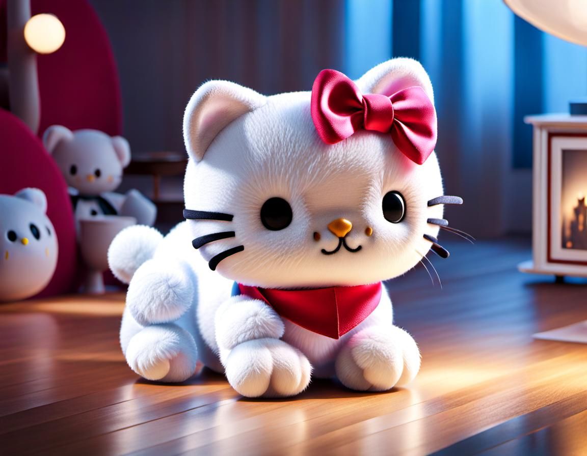 Hyperrealistic Hello Kitty Plush Toy in Elaborate House