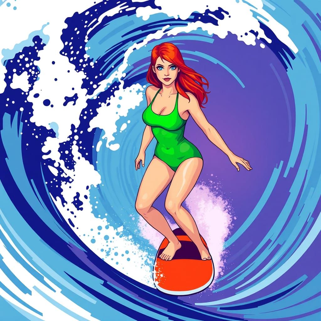 Surfer Girl Rides Wave in Pop Art Style