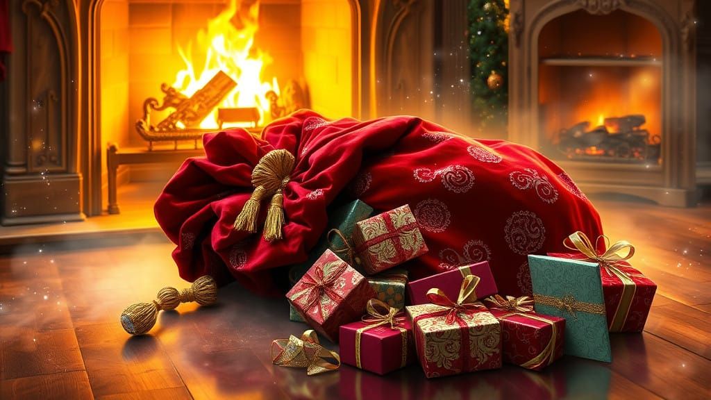 Enchanted Christmas Gift Bag Scene in Velvet and Gold