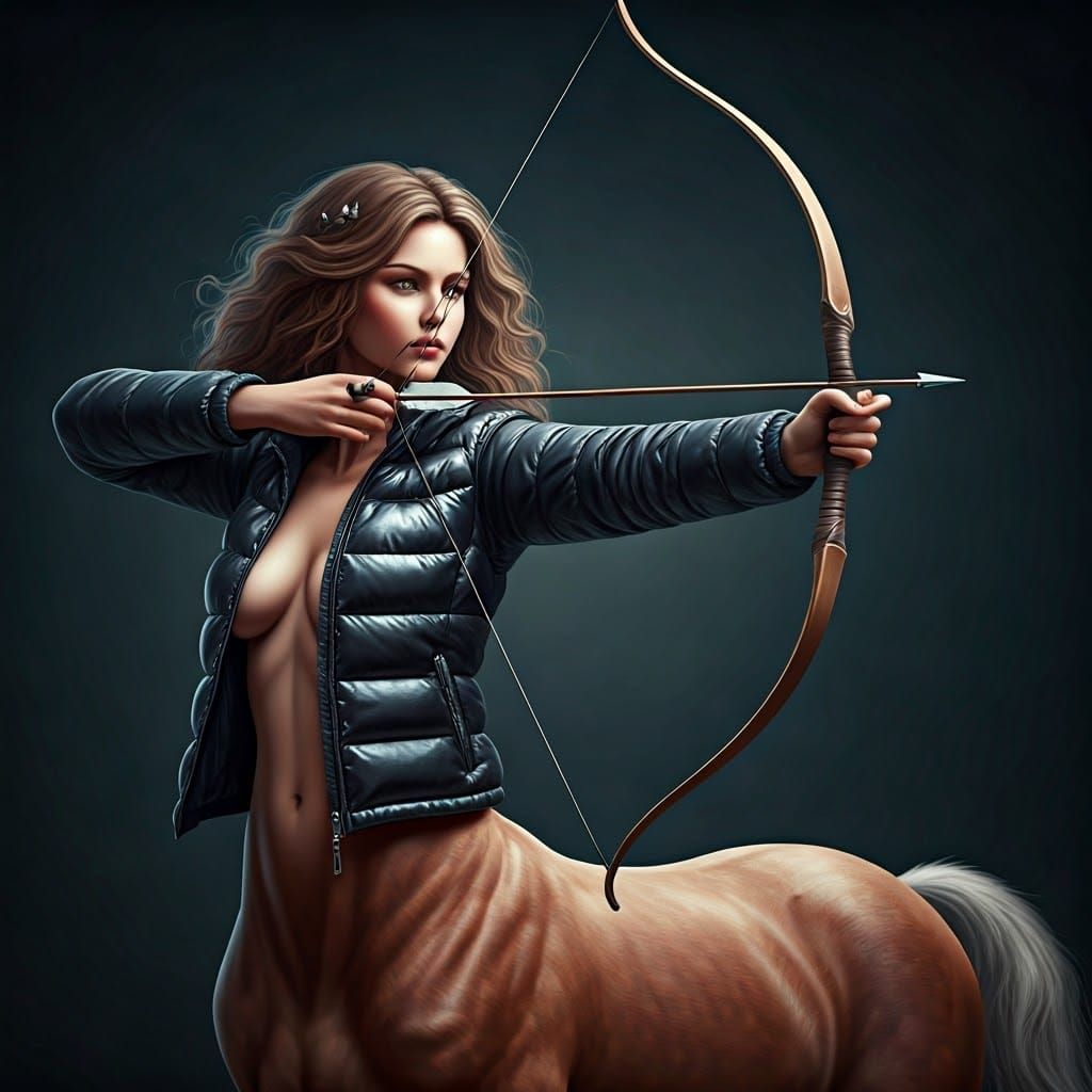 Modern dressed female Centaur shooting an arrow of her bow. Her upper-body is dressed with a half open shiny black nylon...
