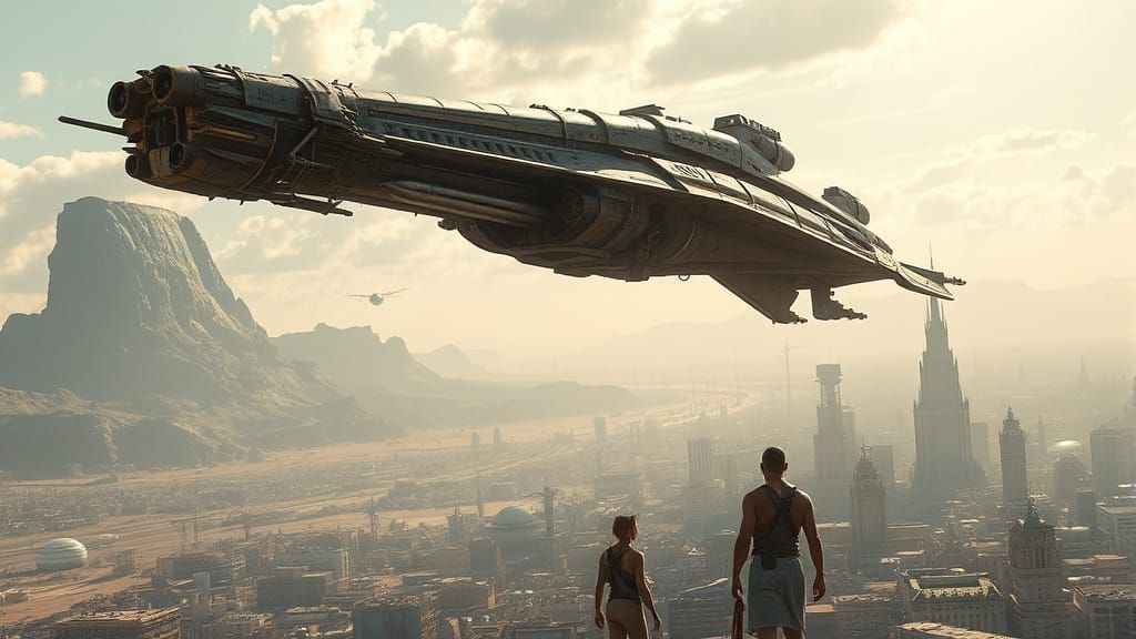 Alien Warship Soars Over Distant Metropolis