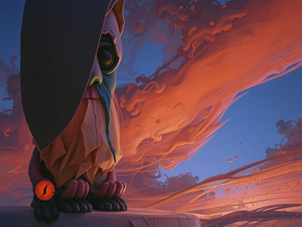 Distressed, Twisted Gnome in a Haunting, Neon-Lit Lair