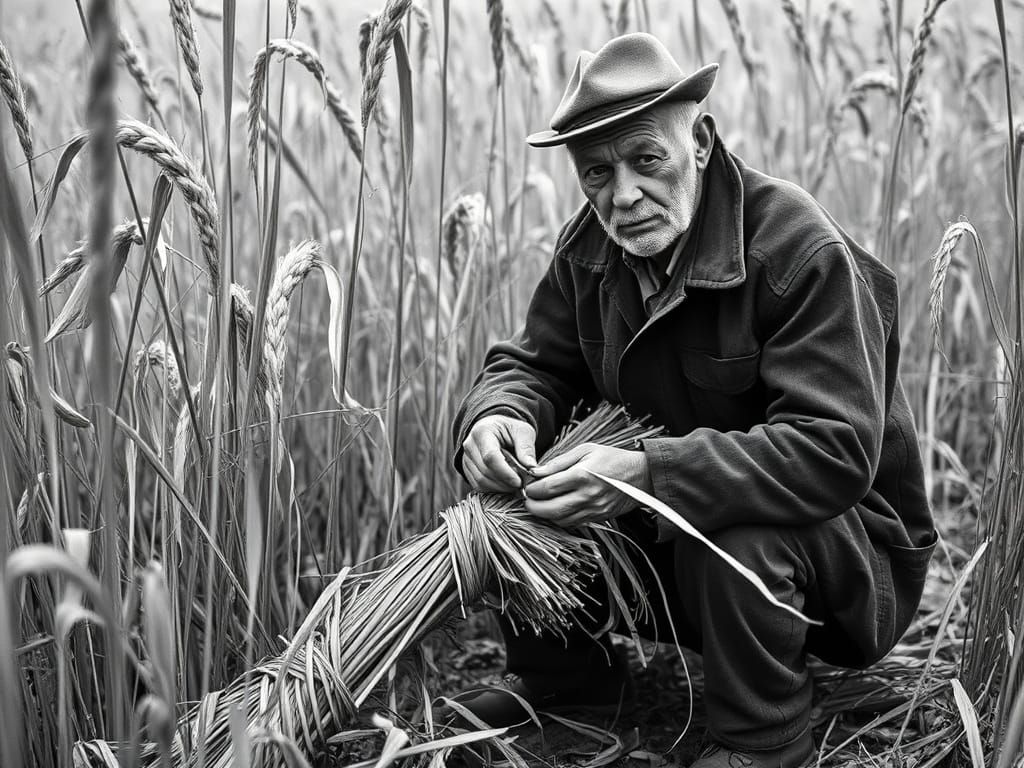 Man Binding Reeds: Rural Labor in Black and White
