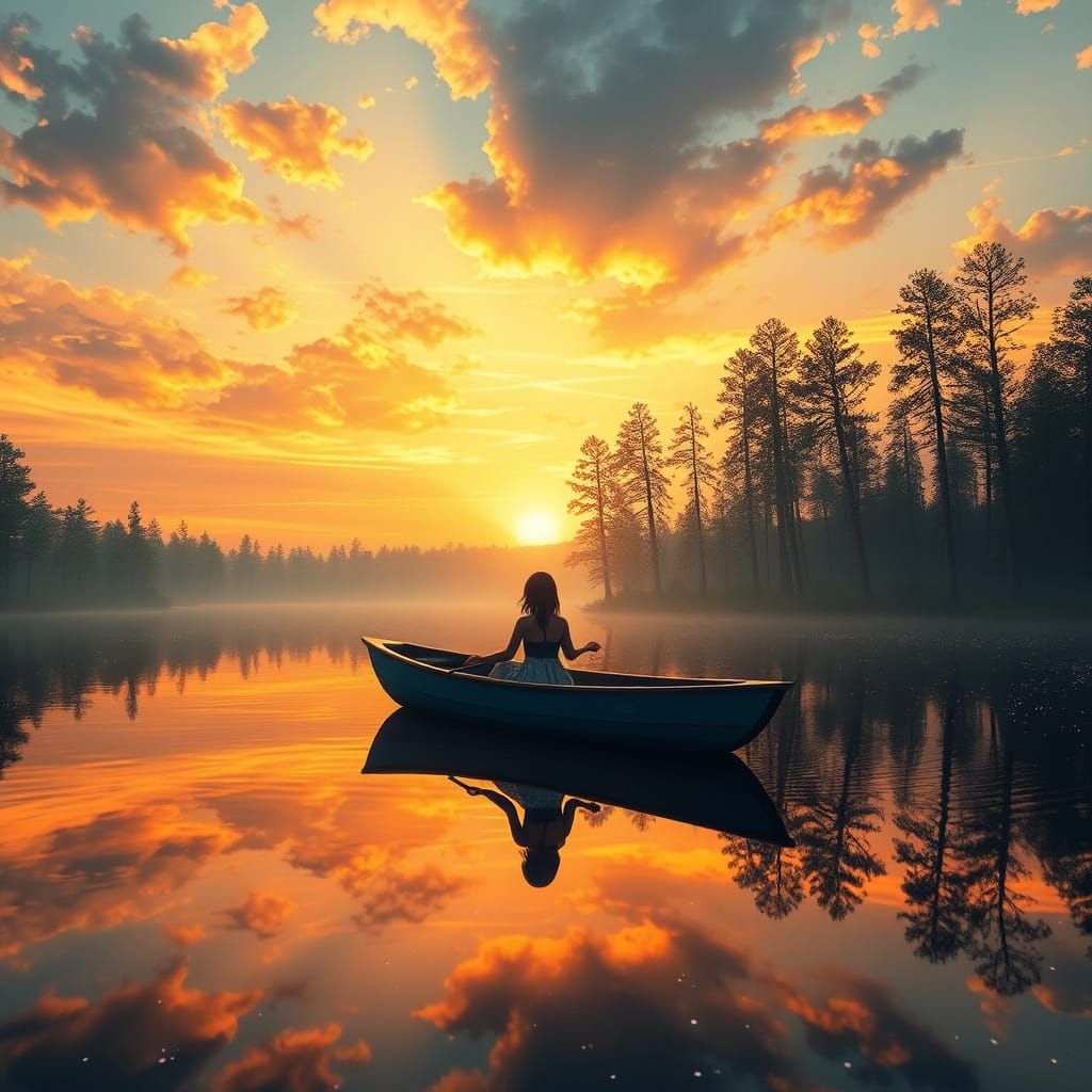 Serene Sunset on a Majestic Lake in a Vibrant Anime Style