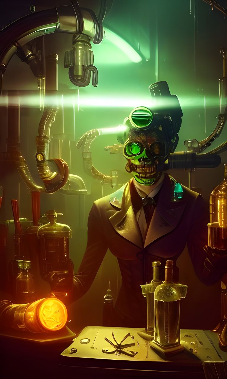 Steampunk Cyborg Bartender in Dark Fantasy Style