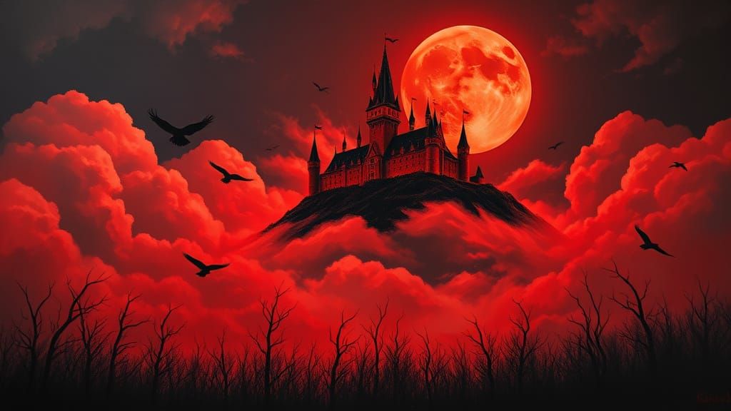 Ethereal Crimson Castle Rises from the Dark Skies