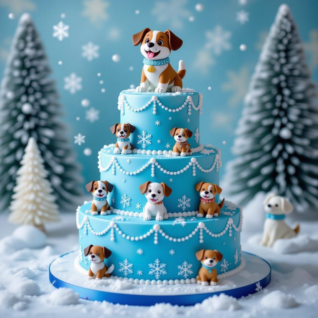 Whimsical Winter Cake with Adorable Dog Topper