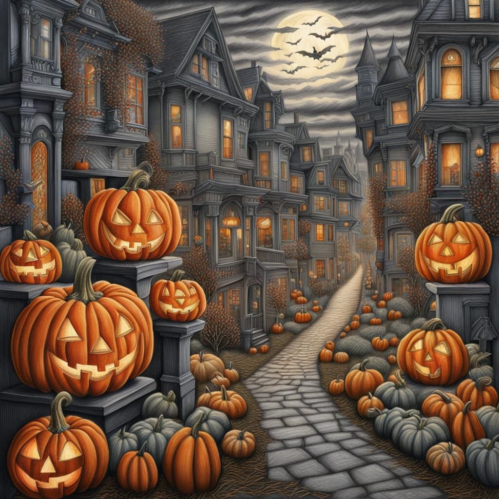 Halloween City in Colored Pencil Drawing
