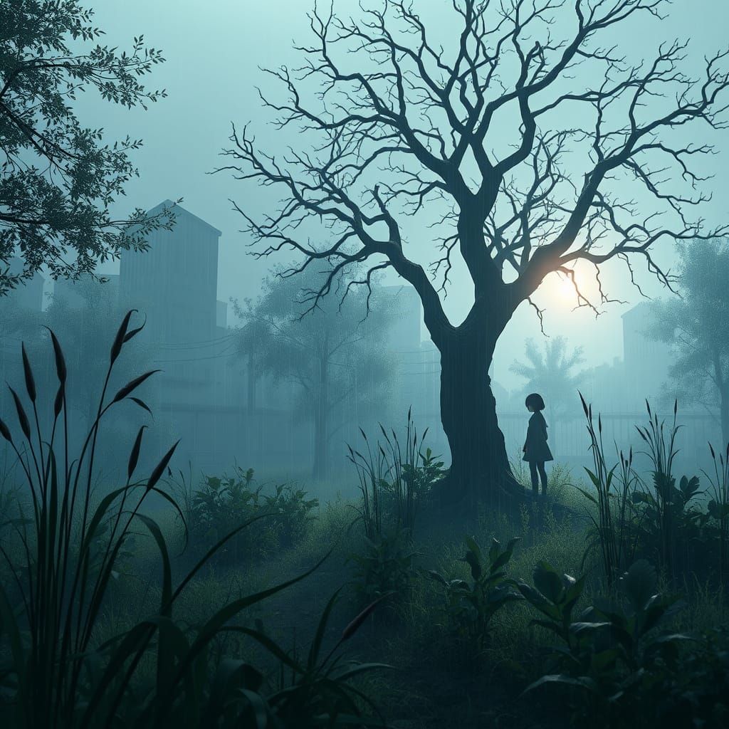 Gloomy Abandoned Garden Scene in 3D Anime Style