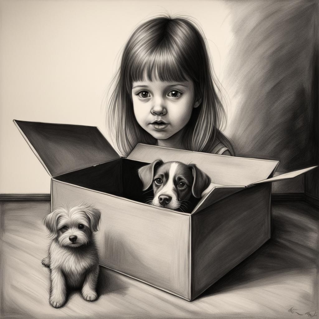 Surprised Girl Opens Box With Dog: Charcoal Drawing