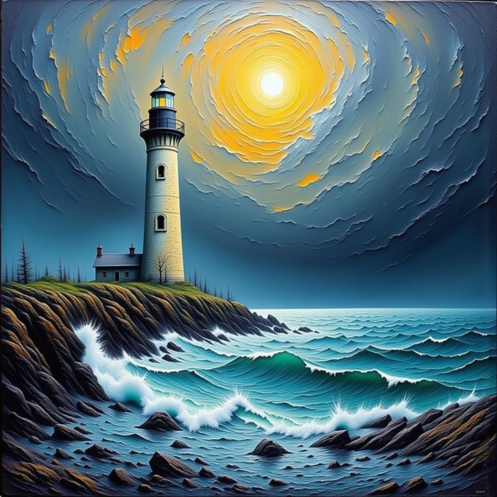 Lighthouse in Stormy Sea: Impasto Style Painting