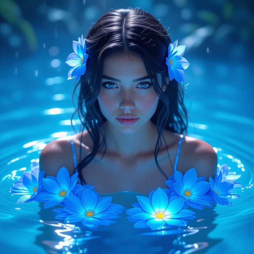 Girl in Luminous Blue Flowers Submerged in Glowing Water