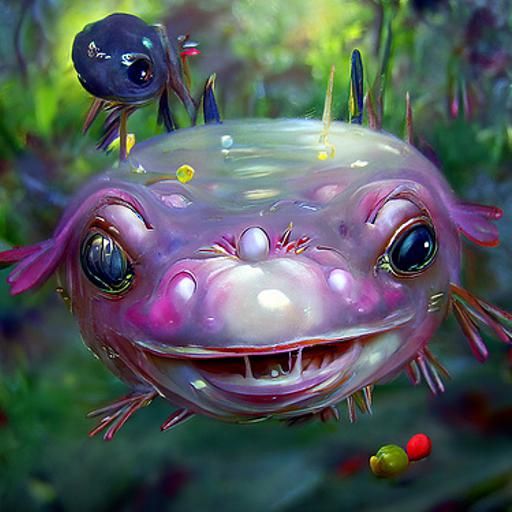 Axolotl with vibrant violet and pink body with large googly eyes dilated and a big smile on their face and little pointy...
