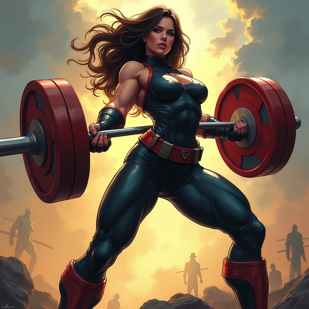 Hypermuscular Superheroine Lifts Weights: Comic Book Art