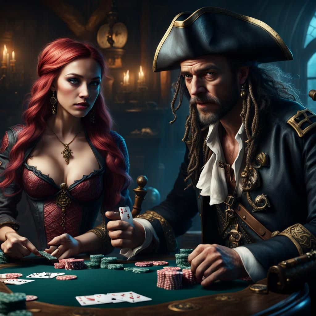 Mermaid and Pirate Play Poker: Fantasy Concept Art