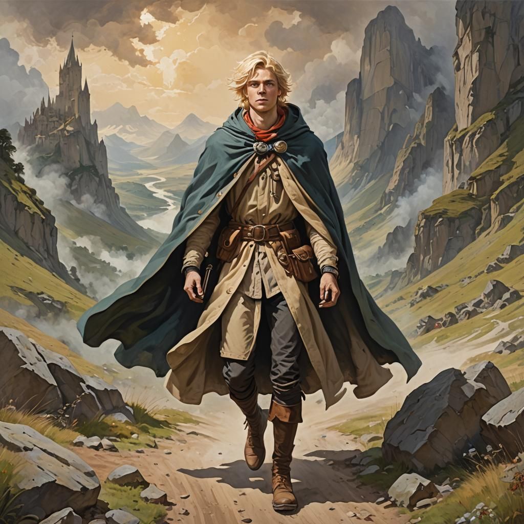 Young Adventurer in Traveling Cloak: Epic Fantasy Painting