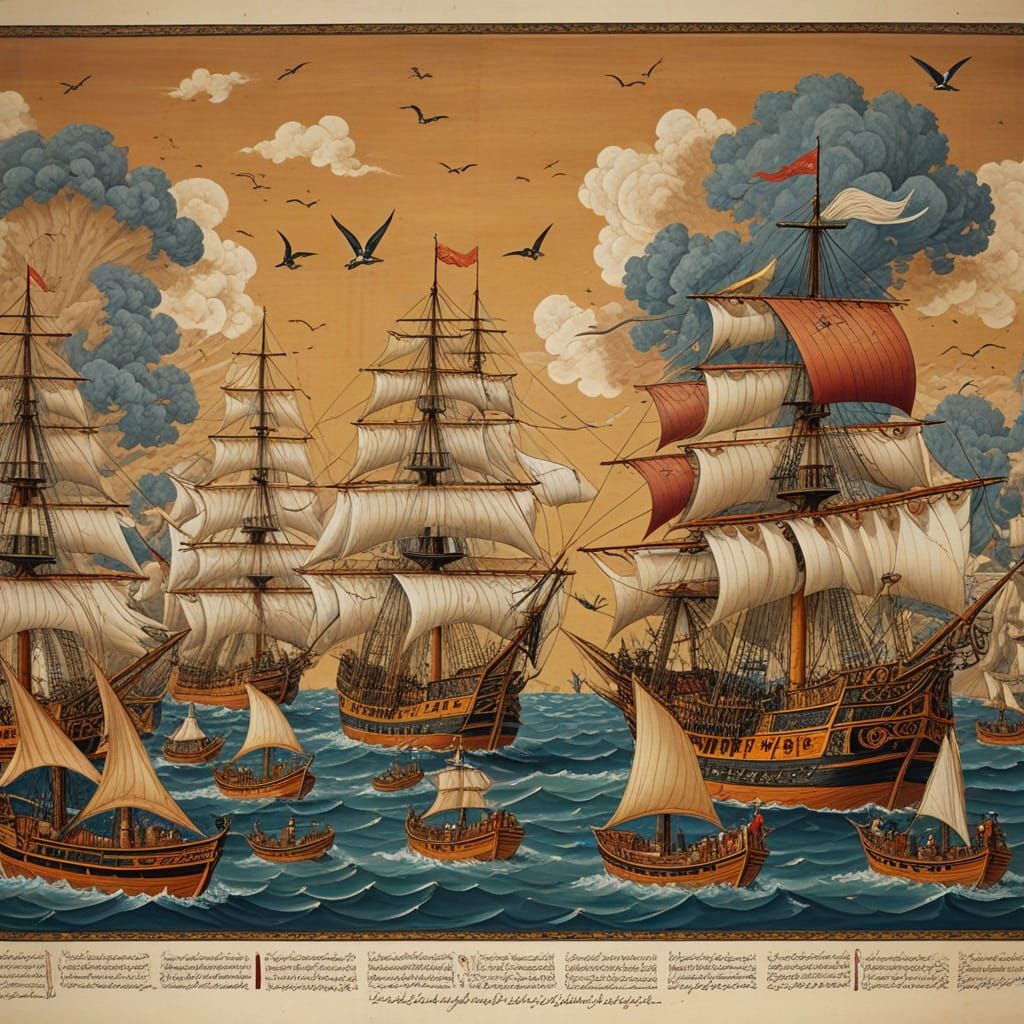 Ottoman Miniature: Detailed Naval Fleet at Sea
